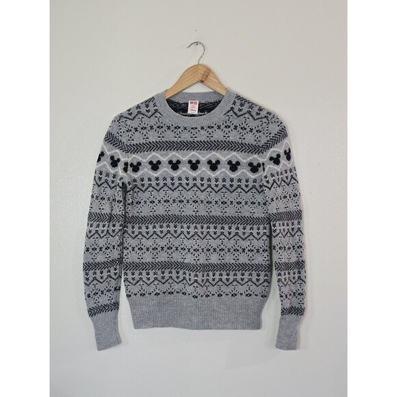 Uniqlo Disney Crewneck Gray Stripe Sweater Wool Mickey Mouse Print Size XS - Picture 1 of 10